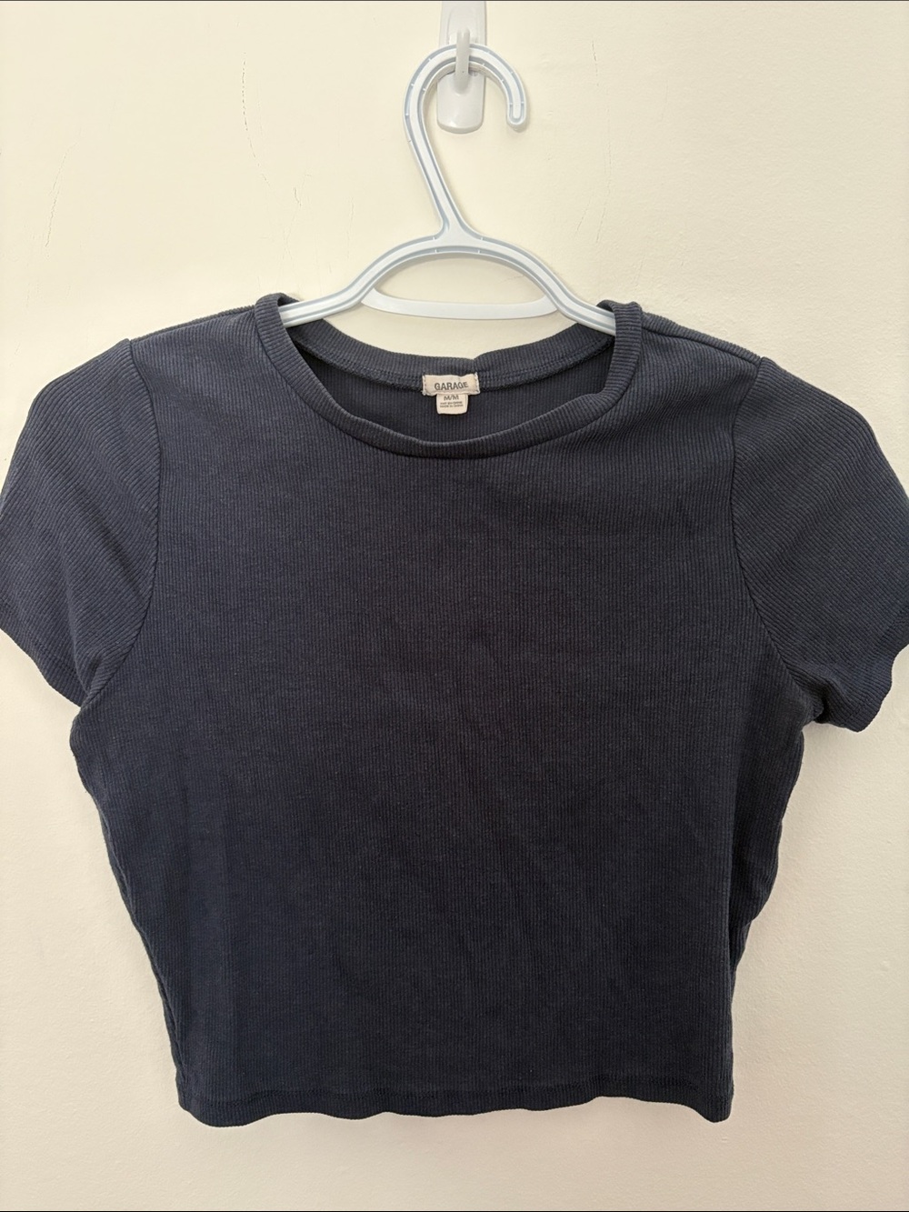 Garage Navy Ribbed Short Sleeve Crop Top
